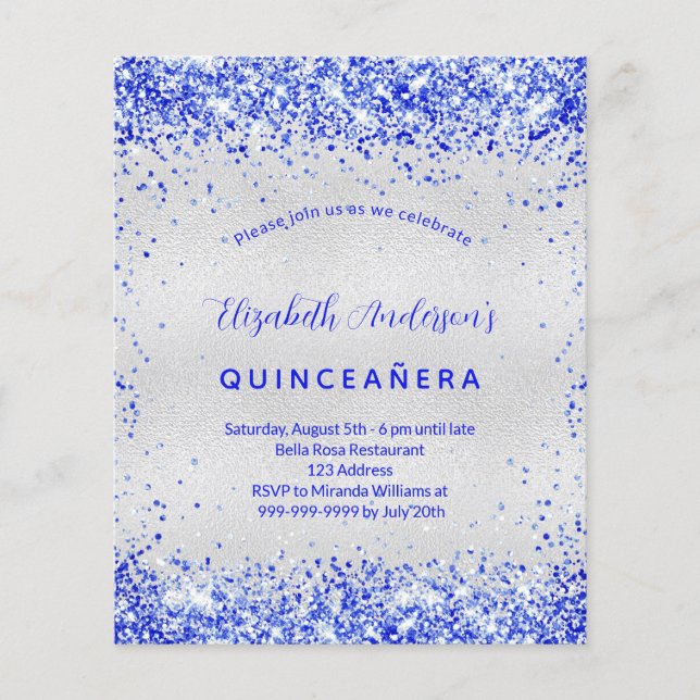 Budget Quinceanera Silroyal blauwe uitnodiging (Voorkant)