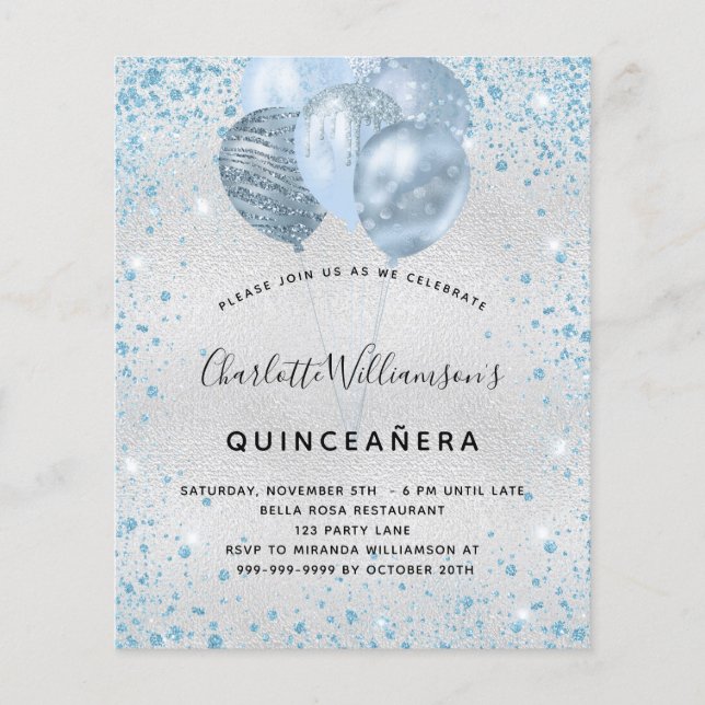 Budget Quinceanera Silver Blauw Glitter-uitnodigin (Voorkant)