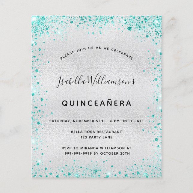 Budget Quinceanera Silver blauwgroen uitnodiging (Voorkant)