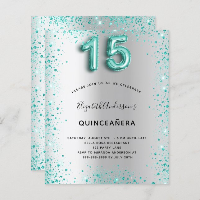 Budget Quinceanera Silver blauwgroen uitnodiging (Voorkant / Achterkant)