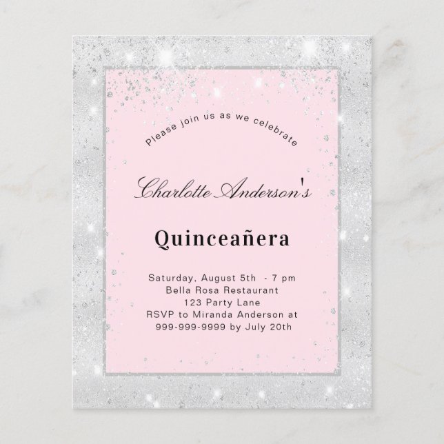 Budget Quinceanera Silver Blush roze glitsstof (Voorkant)
