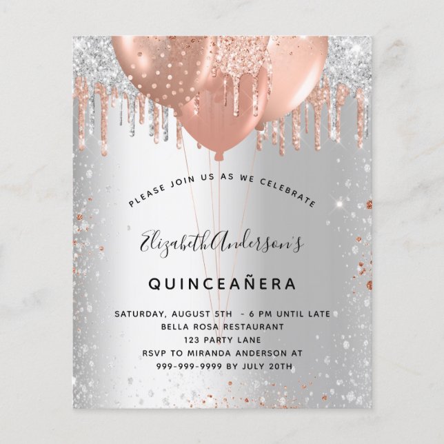 Budget Quinceanera Silver roos Gold ballonnen (Voorkant)