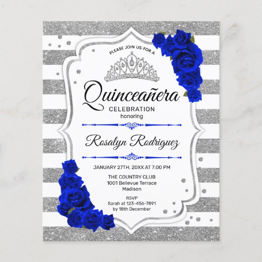 Budget Quinceanera Silver Royal Blue Invite Flyer (Voorkant)