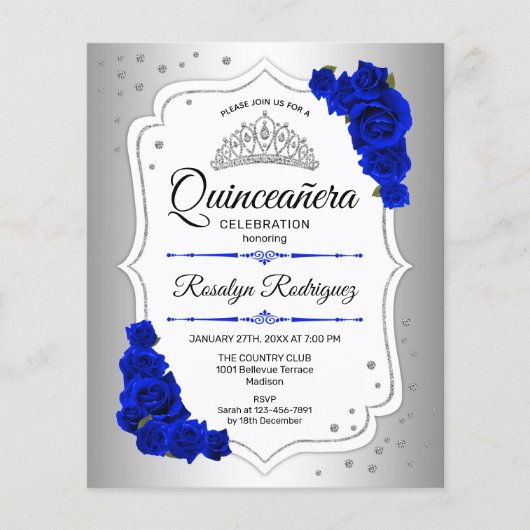 Budget Quinceanera Silver White Royal Blue Invite Flyer (Voorkant)