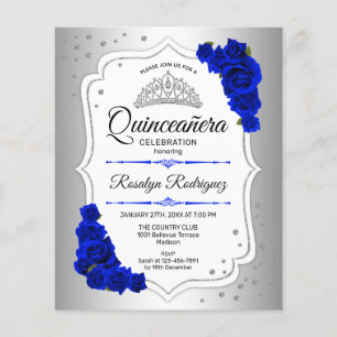 Budget Quinceanera Silver White Royal Blue Invite Flyer