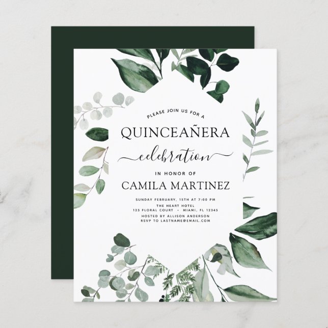 Budget Quinceanera Spring Botanical Greenery (Voorkant / Achterkant)