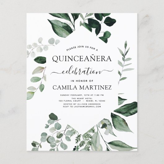 Budget Quinceanera Spring Botanical Greenery Flyer (Voorkant)