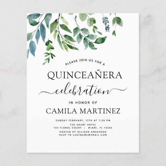 Budget Quinceanera Spring Botanical Greenery Flyer (Voorkant)