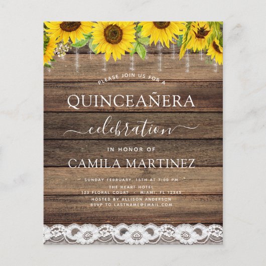 Budget Quinceanera Sunflower Rustige Uitnodiging Flyer (Voorkant)