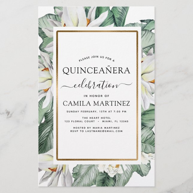 Budget Quinceañera Tropische Magnolia Uitnodiging (Voorkant)