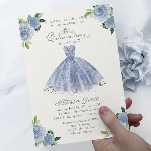 Budget Quinceanera Uitnodiging Bilingual Blue Gown (Creator heeft geüpload)