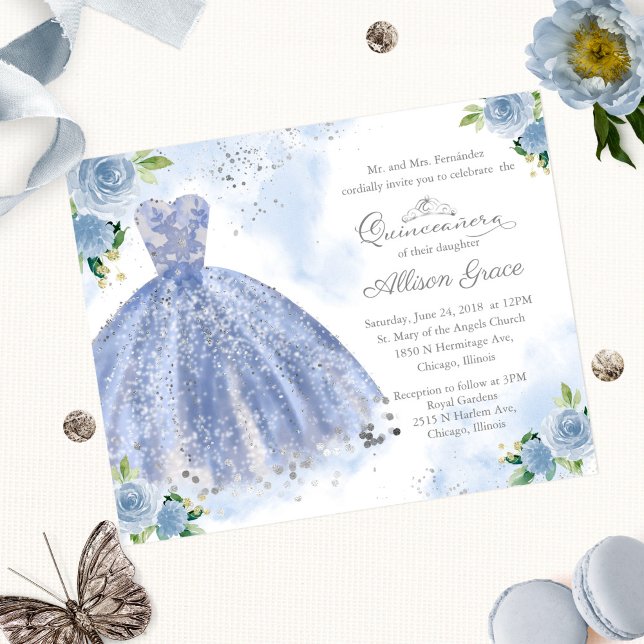 Budget Quinceanera Uitnodiging Bilingual Blue Gown (Creator heeft geüpload)