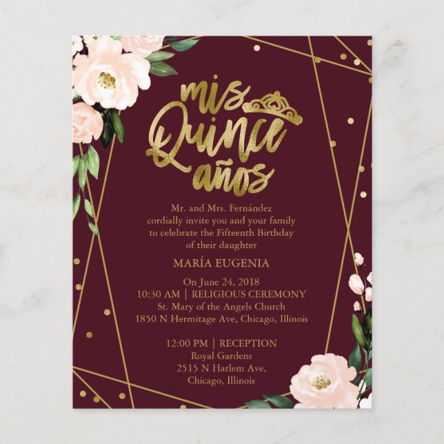 Budget Quinceanera Uitnodiging Bilingual Burgundy (Voorkant)