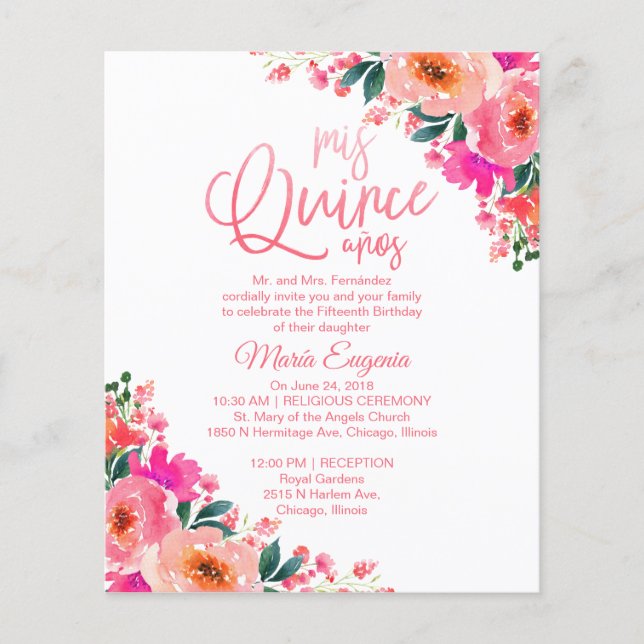 Budget Quinceanera Uitnodiging Bilingual Floral (Voorkant)