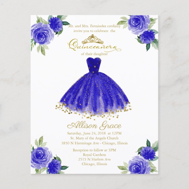 Budget Quinceanera Uitnodiging Bilingual Royal Blu (Voorkant)