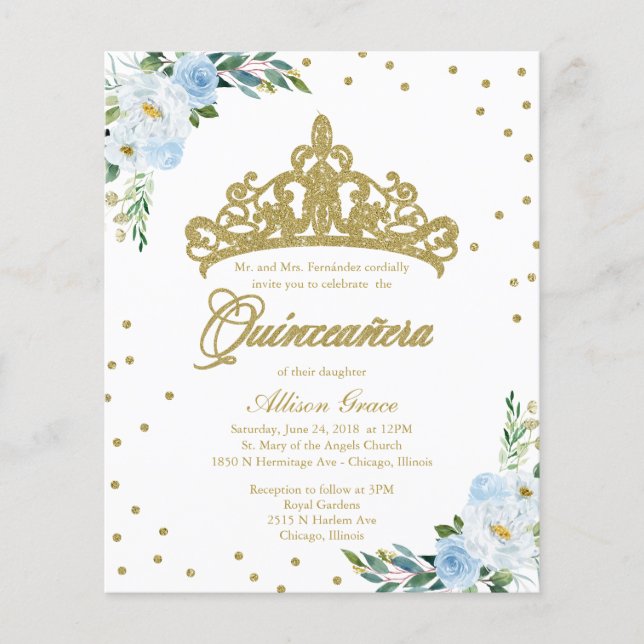 Budget Quinceanera Uitnodiging Bilingual Tiara Blu (Voorkant)