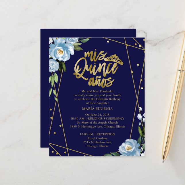 Budget Quinceanera Uitnodiging Gold Foil Dark Blue (Voorkant / Achterkant in situ)