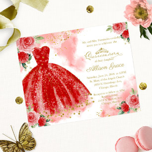Budget Quinceanera Uitnodiging Gold Red Gown