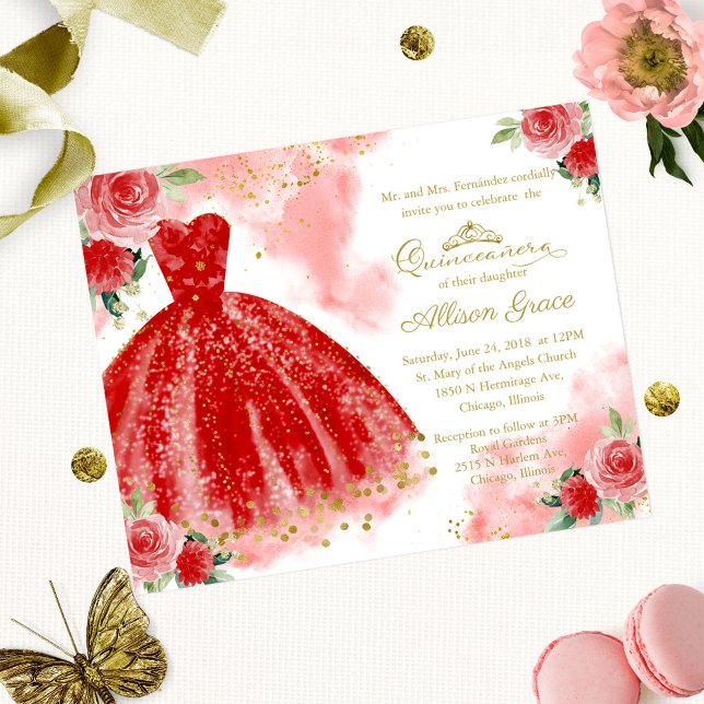Budget Quinceanera Uitnodiging Gold Red Gown (Creator heeft geüpload)