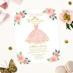 Budget Quinceanera Uitnodiging Goud Blush Jurk
