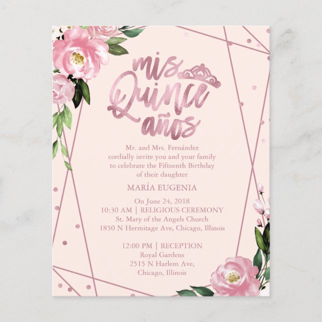 Budget Quinceanera Uitnodiging Roos Gold Blush Pin (Voorkant)