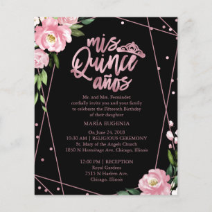 Budget Quinceanera Uitnodiging Roos Gold Pink Blac