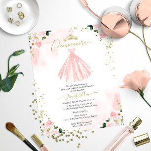 Budget Quinceañera Uitnodiging Roze Bloemenkleed
