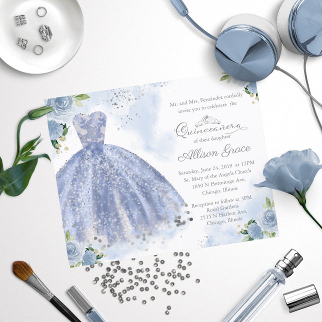 Budget Quinceanera Uitnodiging Silver Blue Gown (Creator heeft geüpload)