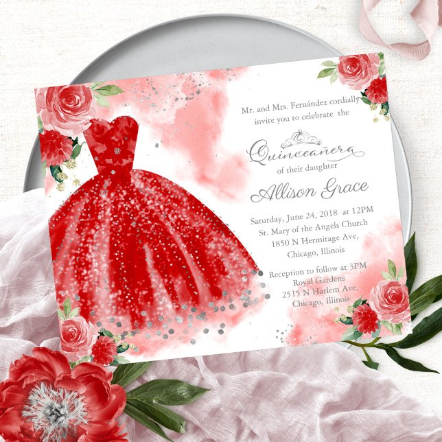 Budget Quinceanera Uitnodiging Silver Red Gown (Creator heeft geüpload)