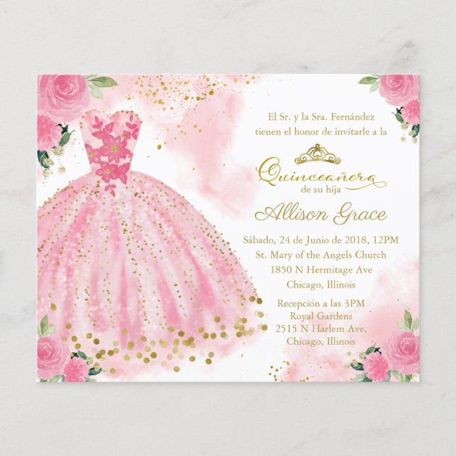 Budget Quinceanera Uitnodiging Spaans Heet Roze (Voorkant)