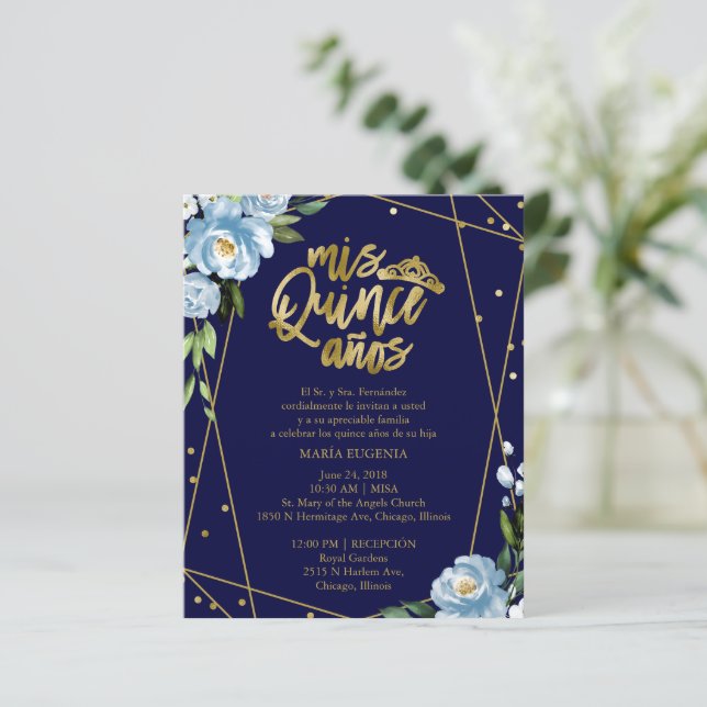 Budget Quinceanera Uitnodiging Spaanse Blauwe Flor (Staand voorkant)