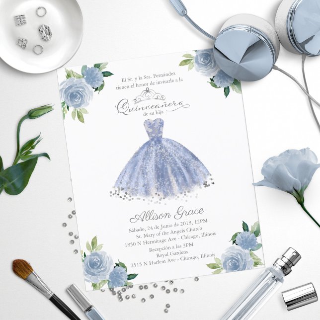 Budget Quinceanera Uitnodiging Spaanse Blauwe Gown (Creator heeft geüpload)