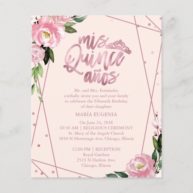 Budget Quinceanera Uitnodiging tot tweetalige Blus (Voorkant)