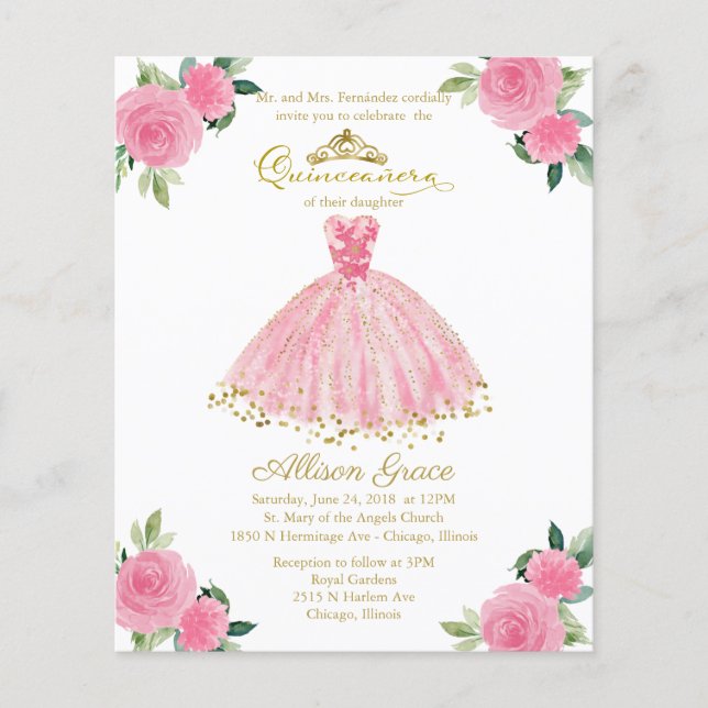 Budget Quinceanera Uitnodiging tot tweetalige roze (Voorkant)