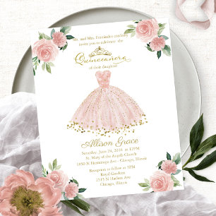 Budget Quinceanera Uitnodiging Tweetalig Roze Jurk