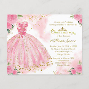 Budget Quinceanera Uitnodiging Tweetalig Roze Jurk