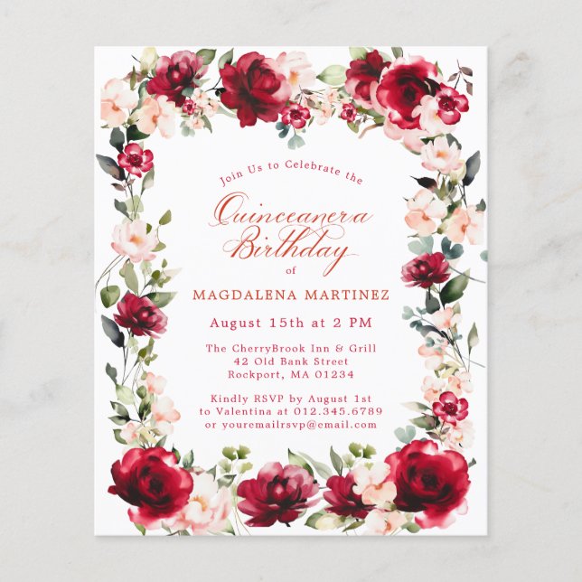 BUDGET Quinceanera Verjaardag Rode Rose Roze Pioen (Voorkant)