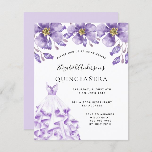 Budget Quinceanera violet witte jurk floral (Voorkant / Achterkant)