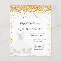 Budget Quinceanera White gold dress uitnodiging