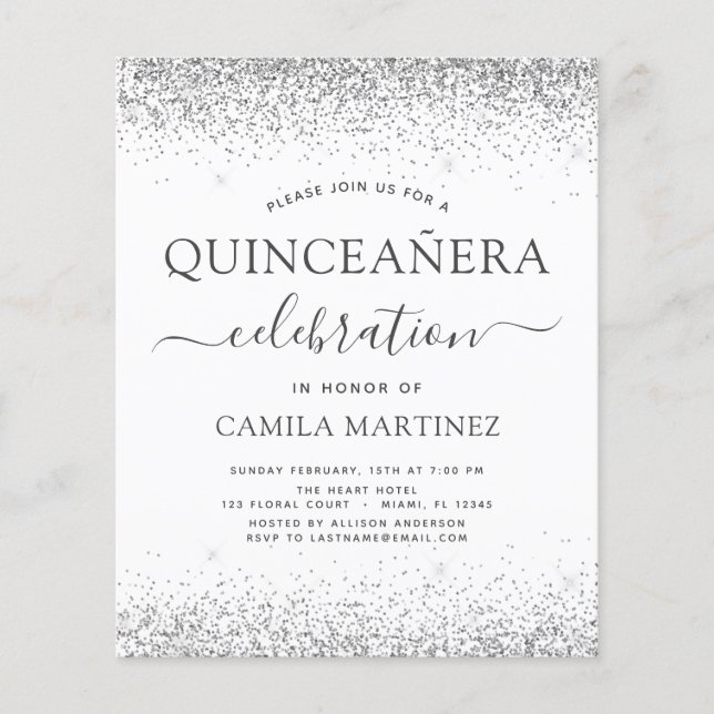 Budget Quinceanera White Silver Glitter Uitnodigin (Voorkant)