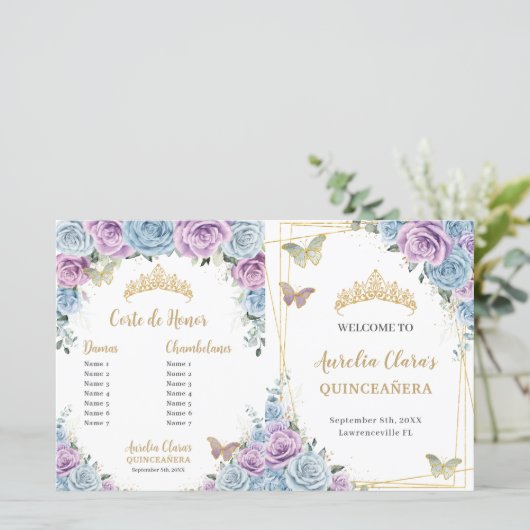 Budget Quinceañera XV Blauw Lila Padrinos Programm (Staand voorkant)