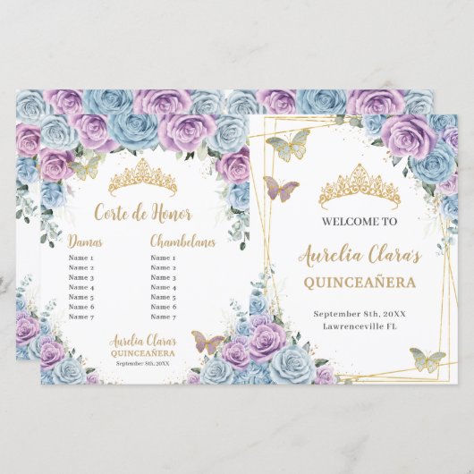 Budget Quinceañera XV Blauw Lila Padrinos Programm (Voorkant / Achterkant)