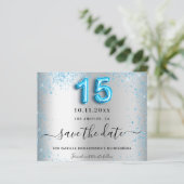 Budget Quinceanera zilver blauw save the date (Staand voorkant)