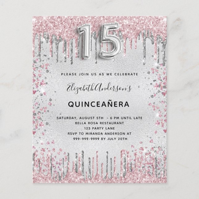Budget Quinceanera zilver roze glitter (Voorkant)