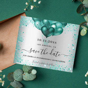 Budget Quinceanera zilver turkoois save-the-dateka