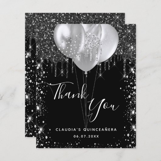 Budget Quinceanera zwart zilver bedankje (Voorkant / Achterkant)