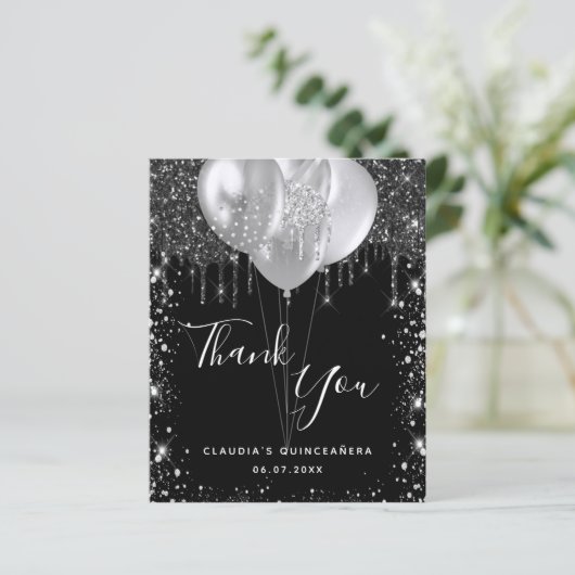 Budget Quinceanera zwart zilver bedankje (Staand voorkant)