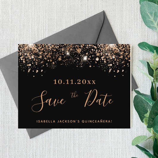 Budget Quinceanera zwarte glitter save the date