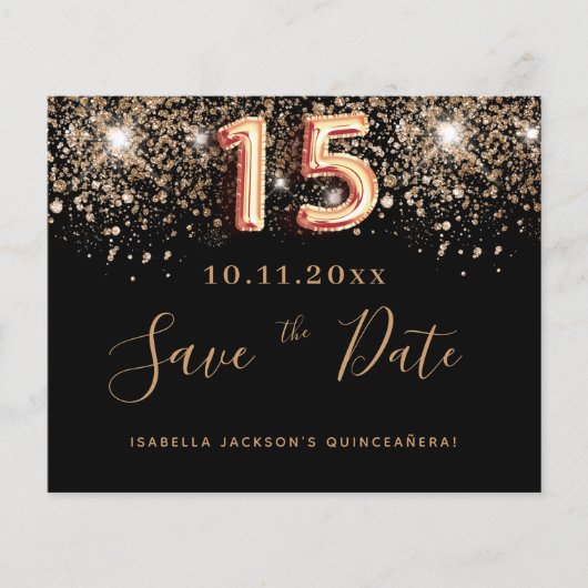 Budget Quinceanera zwarte glitter save the date (Voorkant)