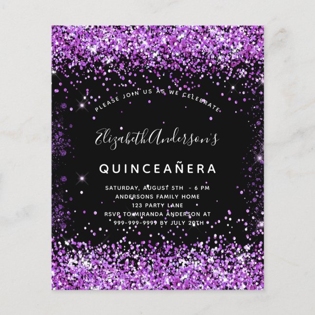 Budget Quinceanera zwarte paarse glitter-uitnodigi (Voorkant)